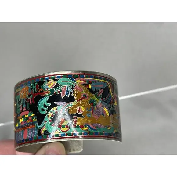 Artist Fernandez Rodriguez Mexico Enamel Aztec Theme Thick Cuff Bracelet - Picture 2 of 5